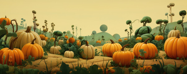 Naklejka na ściany i meble Fantastic Whimsical Pumpkin Patch with Oversized Gourds and Vines. Halloween art