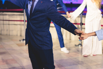 High school graduates dancing waltz and classical ball dance in dresses and suits on school prom graduation, classical ballroom dancers dancing, waltz, couples quadrille and polonaise