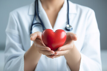 Doctor hands holding red heart. 