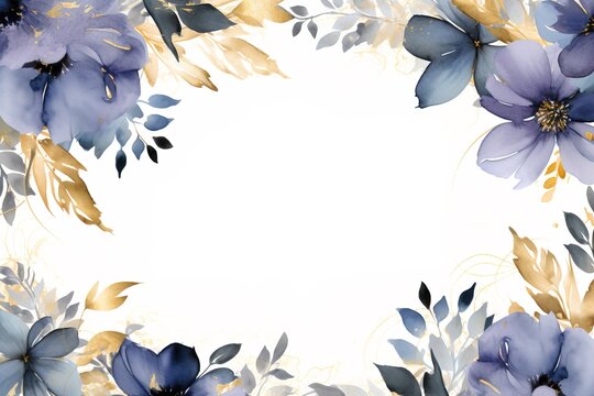 Abstract Watercolor Floral Frame, Blue And Gold Flowers On White Background