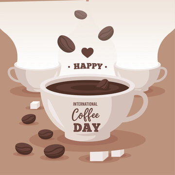 International coffee day poster with cup of coffee beans background. Vector illustration.