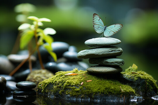 Tranquil zen garden hosts a butterfly amidst the spas massage stones  Generative AI