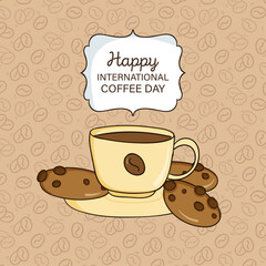 Happy coffee day . International Day Of Coffee and cookies pattern background . Vector illustration