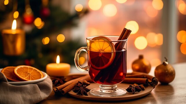 A cup of steaming hot mulled wine with spices, Generative AI