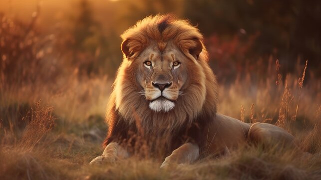 Majestic Lion In Its Natural Habitat. A professional wildlife photograph of a majestic lion in its natural habitat, freezing the intense gaze and powerful presence of the king of the jungle.