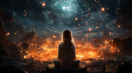 Cosmic Contemplation: Woman Praying and Meditating