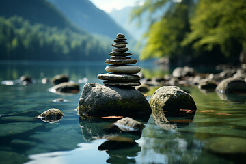 Zen sanctuary, tranquil aura, balanced stones, serene nature setting, meditative ambiance  Generative AI