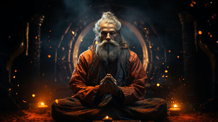 Obraz premium Divine Visions: Man Praying and Meditating in Cosmic Realm