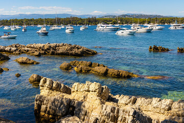 Ile Sainte Marguerite and Saint Honorat island panorama with and yachts on Mediterranean Sea waters offshore Cannes at French Riviera in France