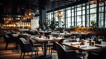 Modern interior of the restaurant with a large hall Generative AI