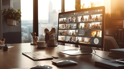 Virtual Meeting Video Conference. Team working by group video call share ideas brainstorming negotiating use video conference, pc screen view multi ethnic young people.