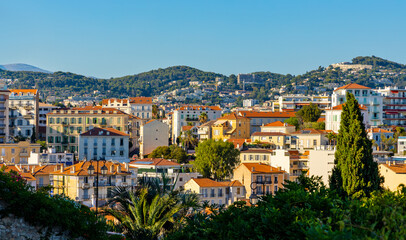 Panoramic view of Cannes city center with Carnot quarter seen from old town Castle Hill on French Riviera of Mediterranean Sea in France