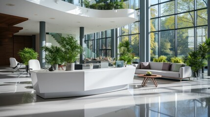 Modern reception interior with desk and workspace near panoramic window, light interior. Generative AI