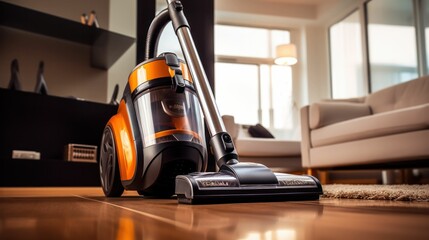 Modern vacuum cleaner on carpet in a luxury apartment. Generative AI - obrazy, fototapety, plakaty