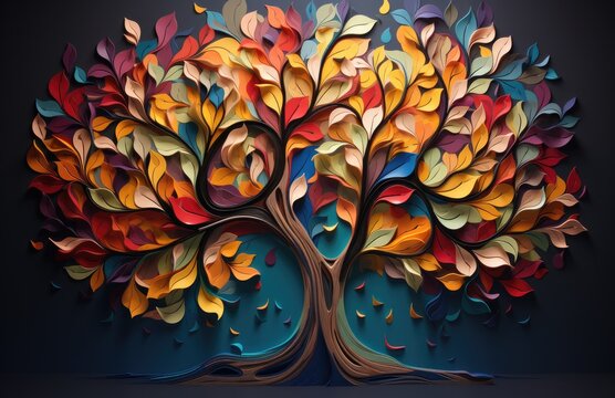 A vibrant painting that captures the beauty and joy of nature through its vivid colors and intricate details of a flourishing tree