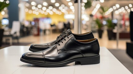 Pair of Stylish men's black classic derby on a stand in front of a shoe store in a shopping mall. Generative AI