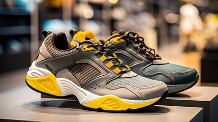Pair of Stylish men's textile in grey, yellow and black colors sports shoes on a stand in front of a shoe store in a shopping mall. Generative AI