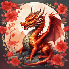 Cute divine dragon stans on a rock with flowers around, Chinese dragon