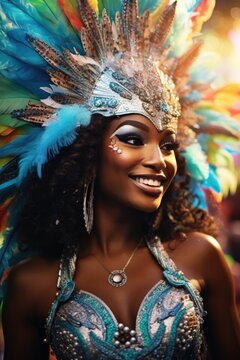 At a carnival festival, a showgirl dances outdoors with a vibrant and feathered headdress, her smile radiating joy and excitement as she sways to the beat of the samba