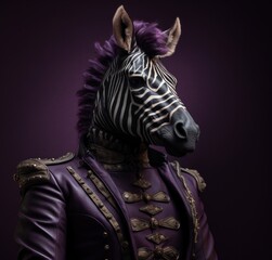 Fototapeta na wymiar Anthropomorphic zebra with a purple mane dressed in a stylish suit, posing with human-like facial expressions, conveying a cheerful and playful character