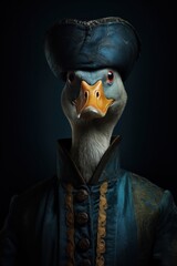 Anthropomorphic goose dressed in a medieval costume, exuding individuality and character in a dark, moody setting accentuated with blue tones