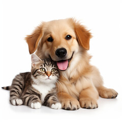 Cat and dog, friends, on a white background, AI generator