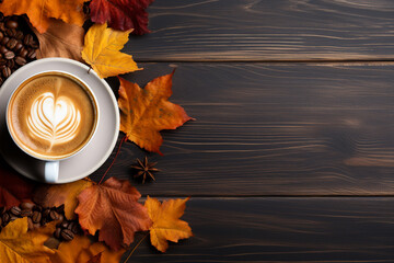 ラテアートコーヒーと木の実 秋のイメージ - obrazy, fototapety, plakaty