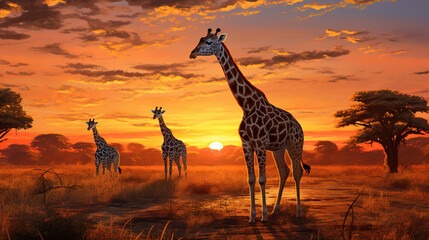 Giraffe on savanna with sunset. Generative AI