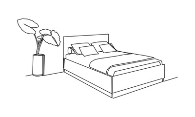Continuous one line drawing of bed and with potted plant. Vector illustration