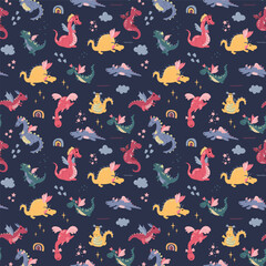  Seamless pattern with cute hand drawn dragons. Design for fabric, textile, wallpaper, packaging.