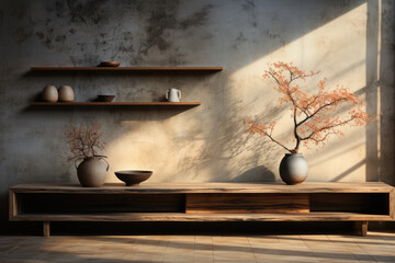 A Japanese Zen-like simplicity interior, natural materials, ai generated.