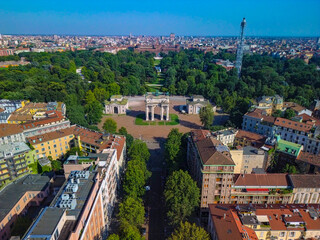 Aerial view of the branca tower summer trees in the sempione park next to the castello sforzesco. Triennale Milano Design Museum. View of modern skyscrapers. Ecology. Green Planet. Milan Italy 08.2023