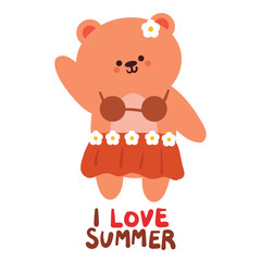 hand drawing cartoon bear with summer clothes. cute summer card