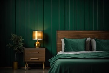 The interior of the bedroom in dark green with a wide bed, a wooden nightstand and a golden lamp. Generative AI