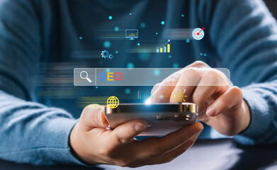 Human use phone with Search engine optimization SEO networking concept, Searching browsing Internet...