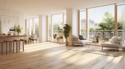 The key on the floor in the foreground, in a bright, spacious modern empty open - plan apartment with stylish renovation. Realtor concept. Generative AI