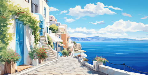 watercolor style detailed street in santorini on the beach - obrazy, fototapety, plakaty