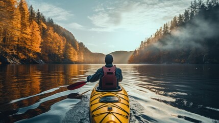 Rear view of man kayaking in lake Generative AI