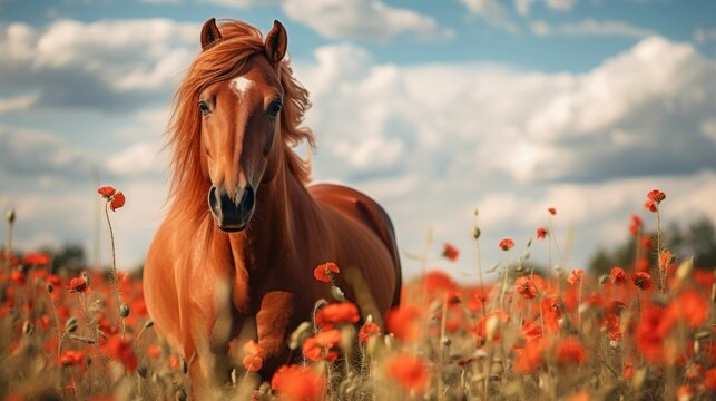Red horse with long mane in flower field against sky. Generative AI - Powered by Adobe