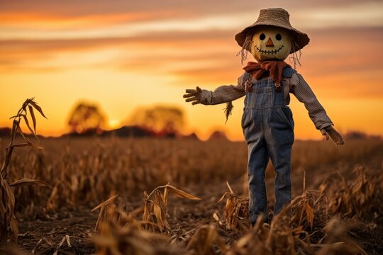 scarecrow stands in the autumn field against the sunset Generative AI