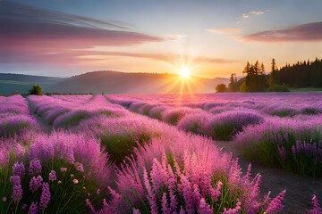 Fototapeta na wymiar Summer flower meadow wildflower field pink with morning sunlight, Idyllic spring background with blossoming lilac bushes flowers and pink wildflowers on meadow. Pink morning clouds on blue sky over