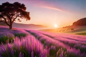 Fototapeta na wymiar Summer flowers meadow, Ideal spring background with blossoming lilac bushes flowers and pink wildflowers on meadow. 