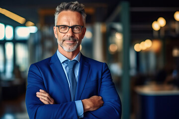 Obraz premium A confident middle aged businessman ceo in a stylish blue suit with a strong and assertive pose