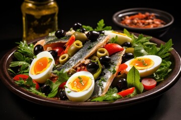 Fototapeta na wymiar Spanish cuisine. Mixed salad fish salad, red and green Bulgarian pepper, quail eggs, canned mackerel, olives, seasoned with olive oil and sesame. Generative AI