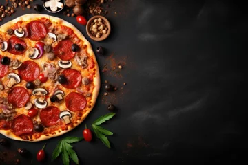  Tasty pepperoni pizza with mushrooms and olives. White Gold marble table. Top view. There is a lot of empty copy space for text on the left. Generative AI © Sandris_ua