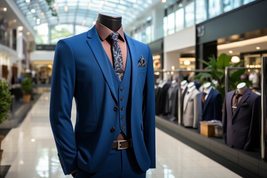 tailored Luxury men's suit on a mannequin, like a studio photo with a luxury mall background Generative AI