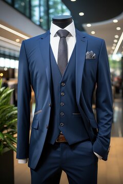 tailored Luxury men's suit in navy blue on a mannequin, with a luxury mall background Generative AI