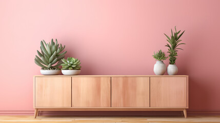 a wooden sideboard in a delightful living room interior design ai generated