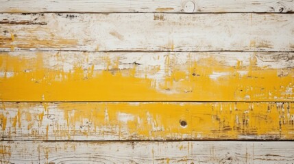 Texture of vintage wooden planks with cracked paint in yellow and white colors. Vertical retro background with wooden planks of different colors. Generative AI