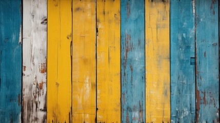 Texture of vintage wooden planks with cracked paint in yellow and blue color. Vertical retro background with wooden planks of different colors. Generative AI